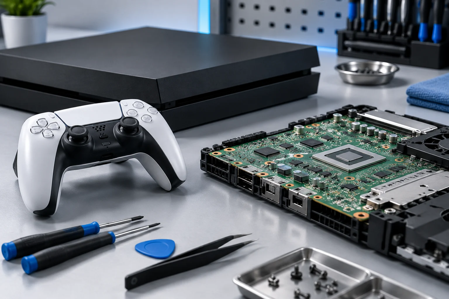 Controle de videogame, console e placa eletrônica em uma bancada