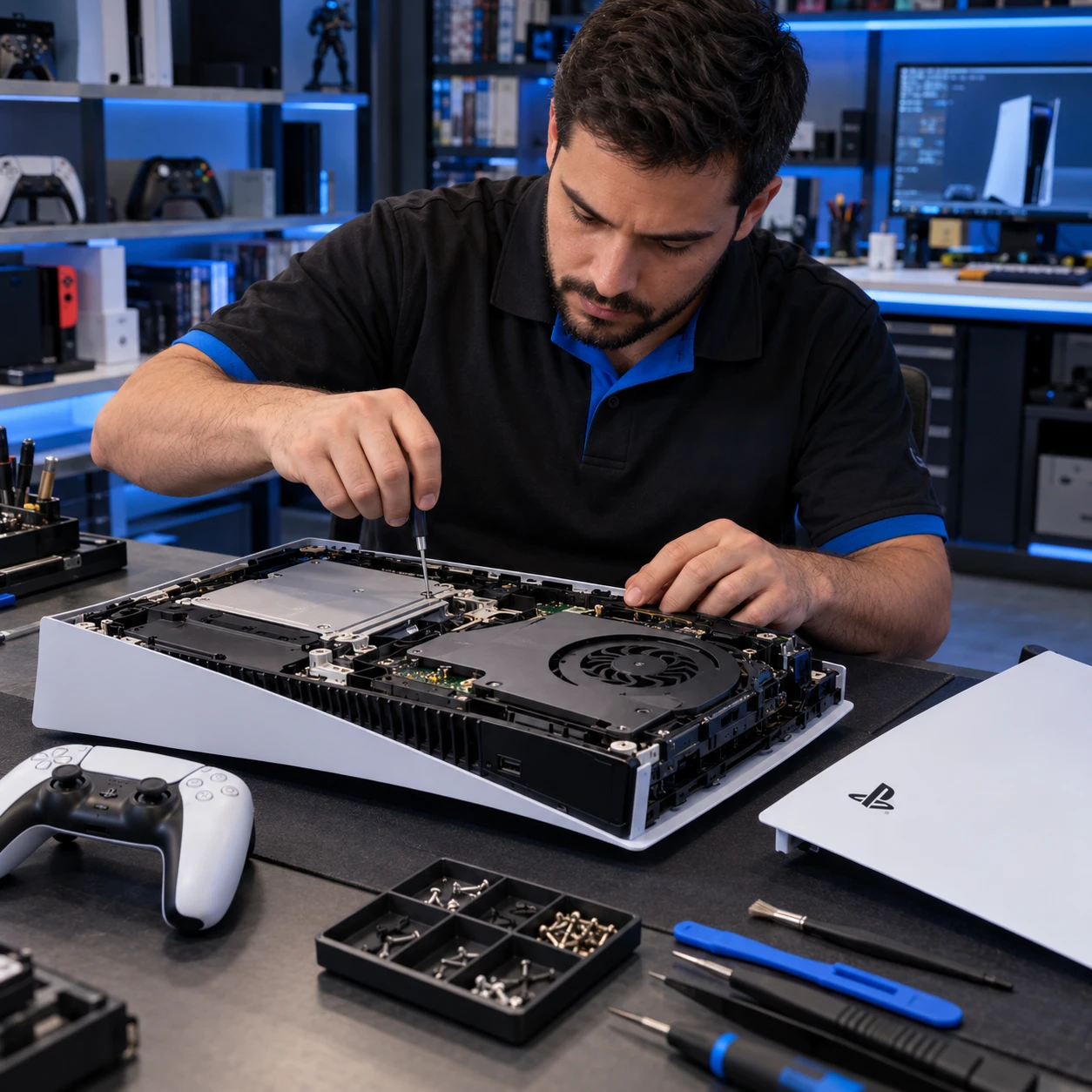 Técnico consertando um PlayStation 5 aberto na bancada
