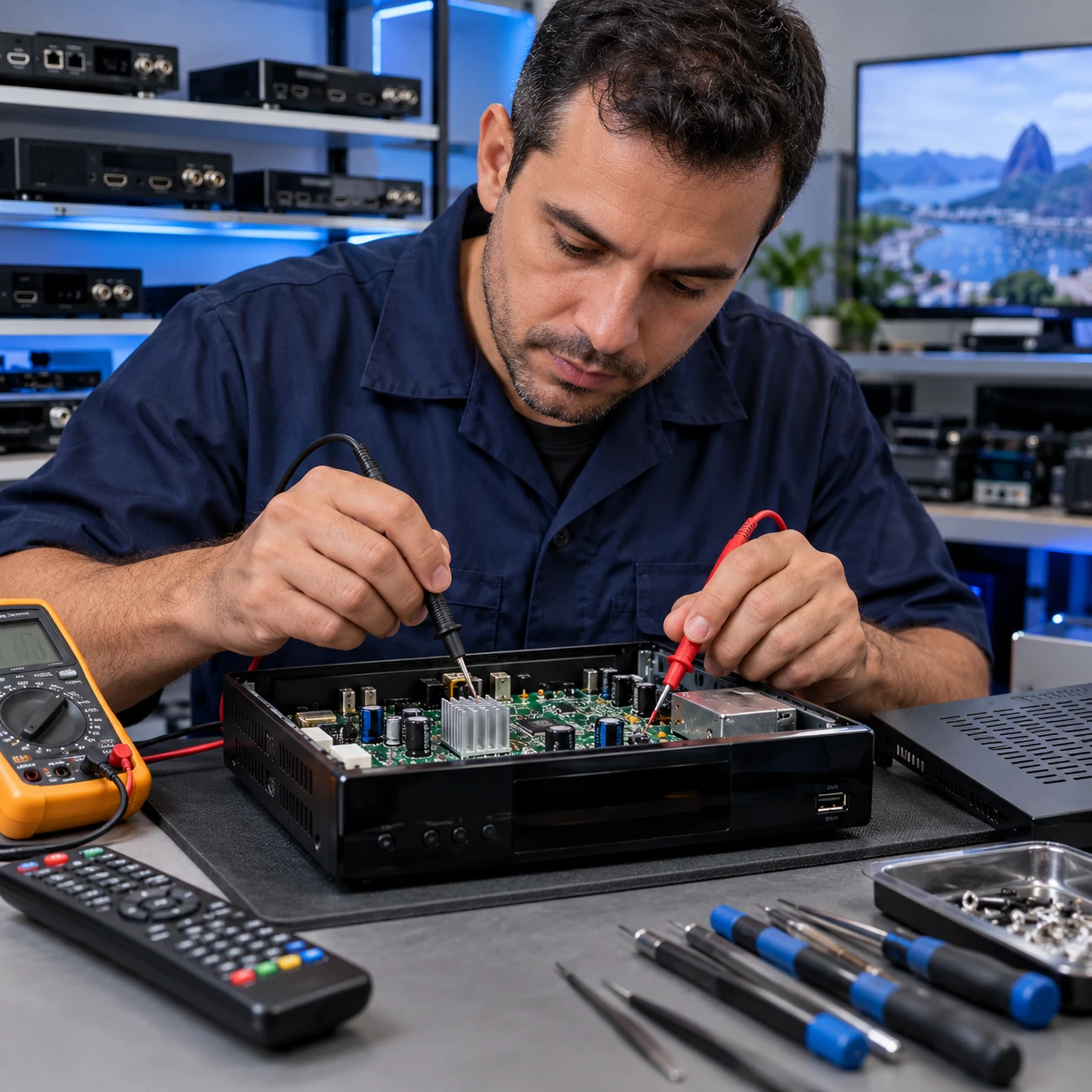 Técnico diagnosticando um receptor com multímetro na bancada